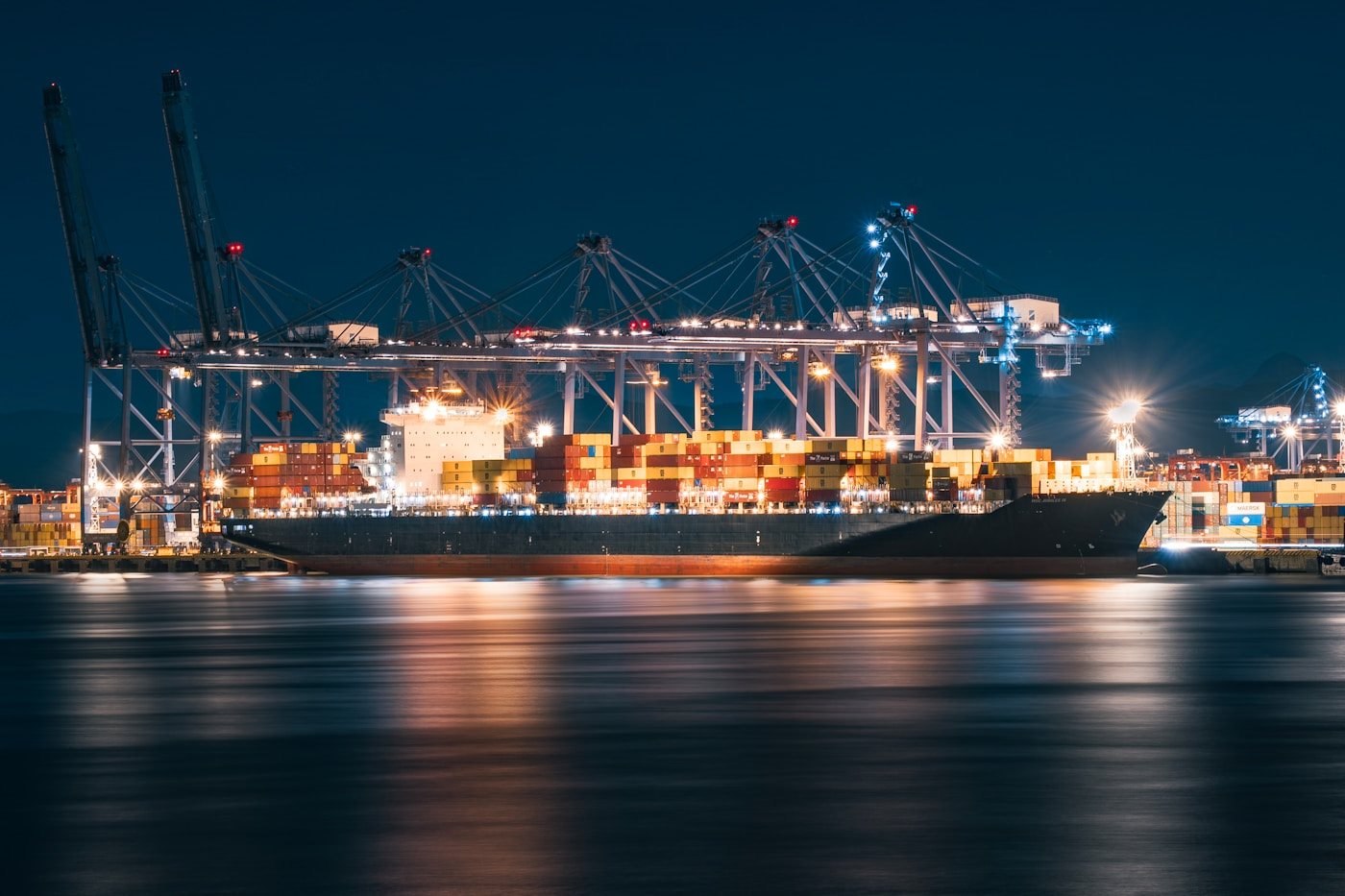 A container port at night, the scale of China's export trade